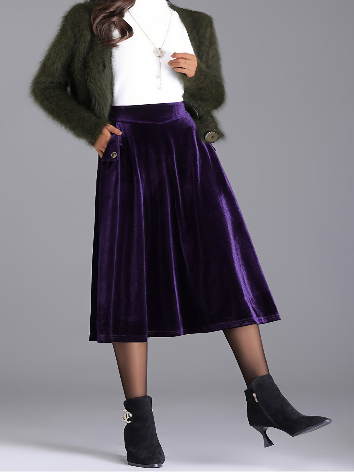 Jupe grande taille en velours, coupe évasée, toucher profond, allure élégante, autre coloris