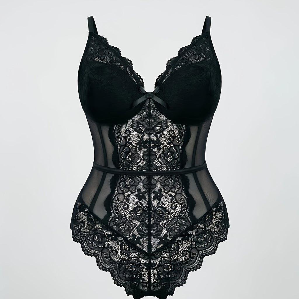 Body gainant grande taille en dentelle, col V, effet ajouré — matière : polyester