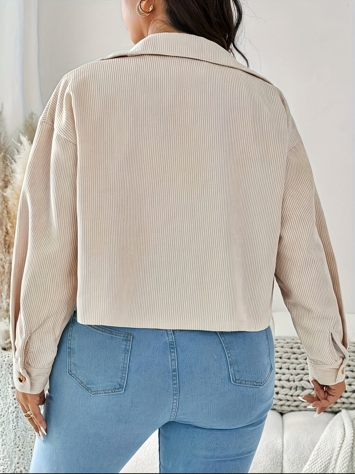 Veste grande taille en velours côtelé à rayures, coupe ample, col, tissu opaque