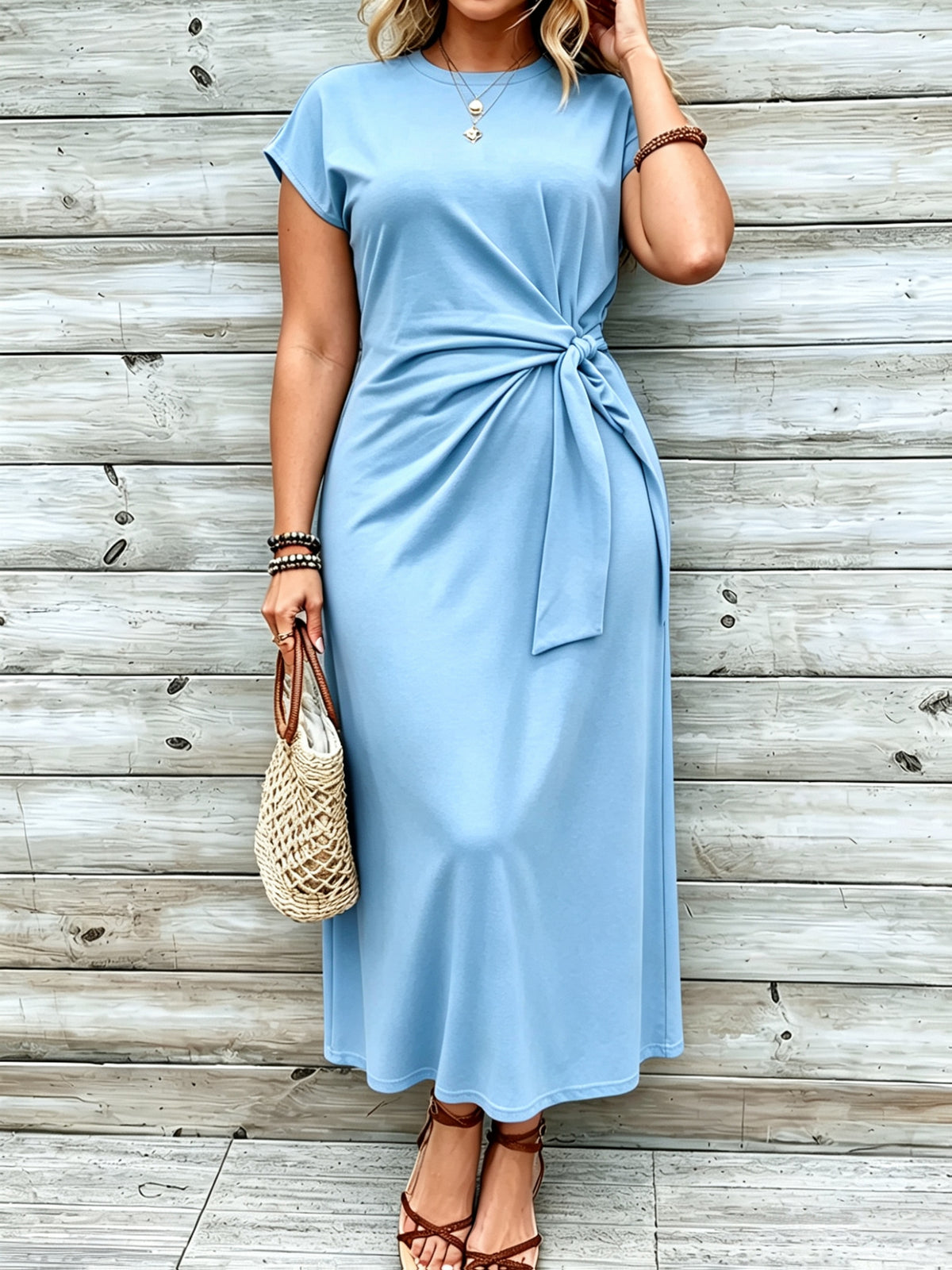 Robe longue grande taille — Jersey uni et nœud à la taille