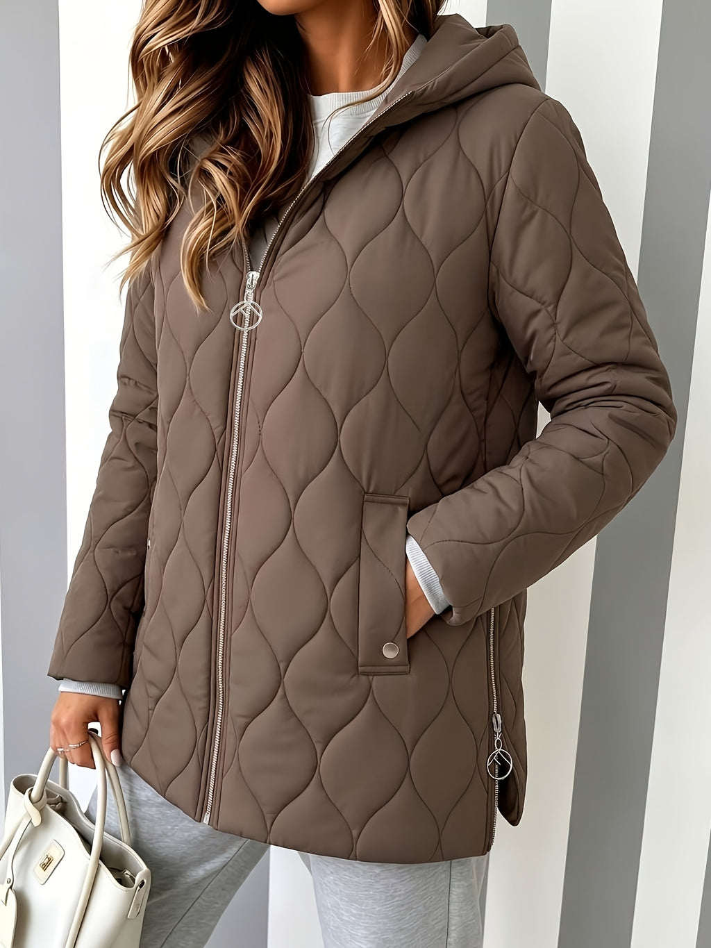 Manteau grande taille, coupe ample, capuche, mise en situation