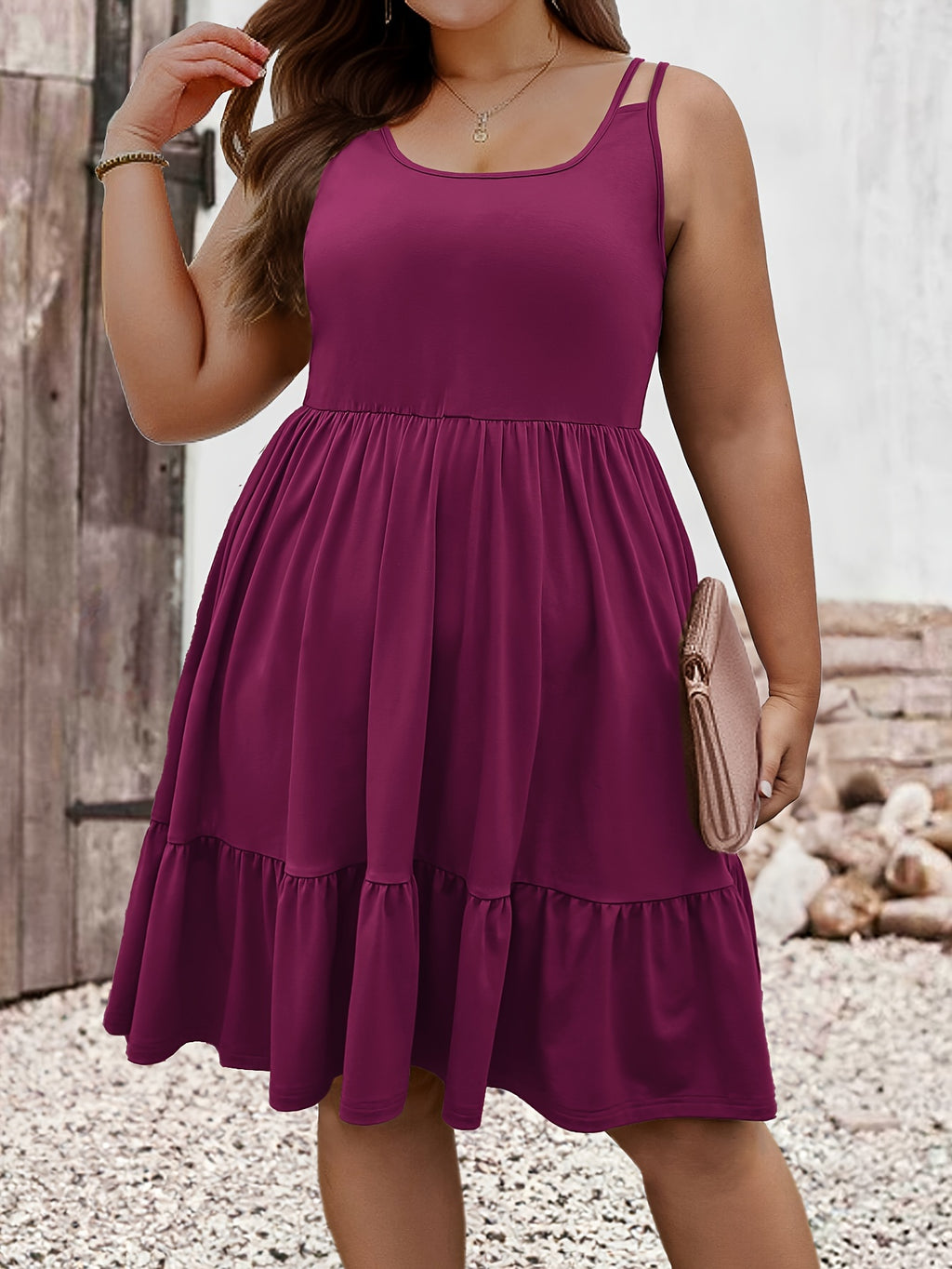 Robe courte grande taille — Double bretelle et jersey froncé