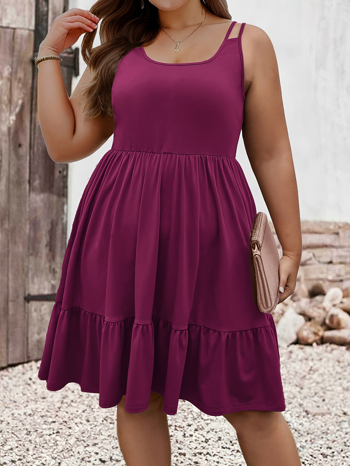 Robe courte grande taille — Double bretelle et jersey froncé