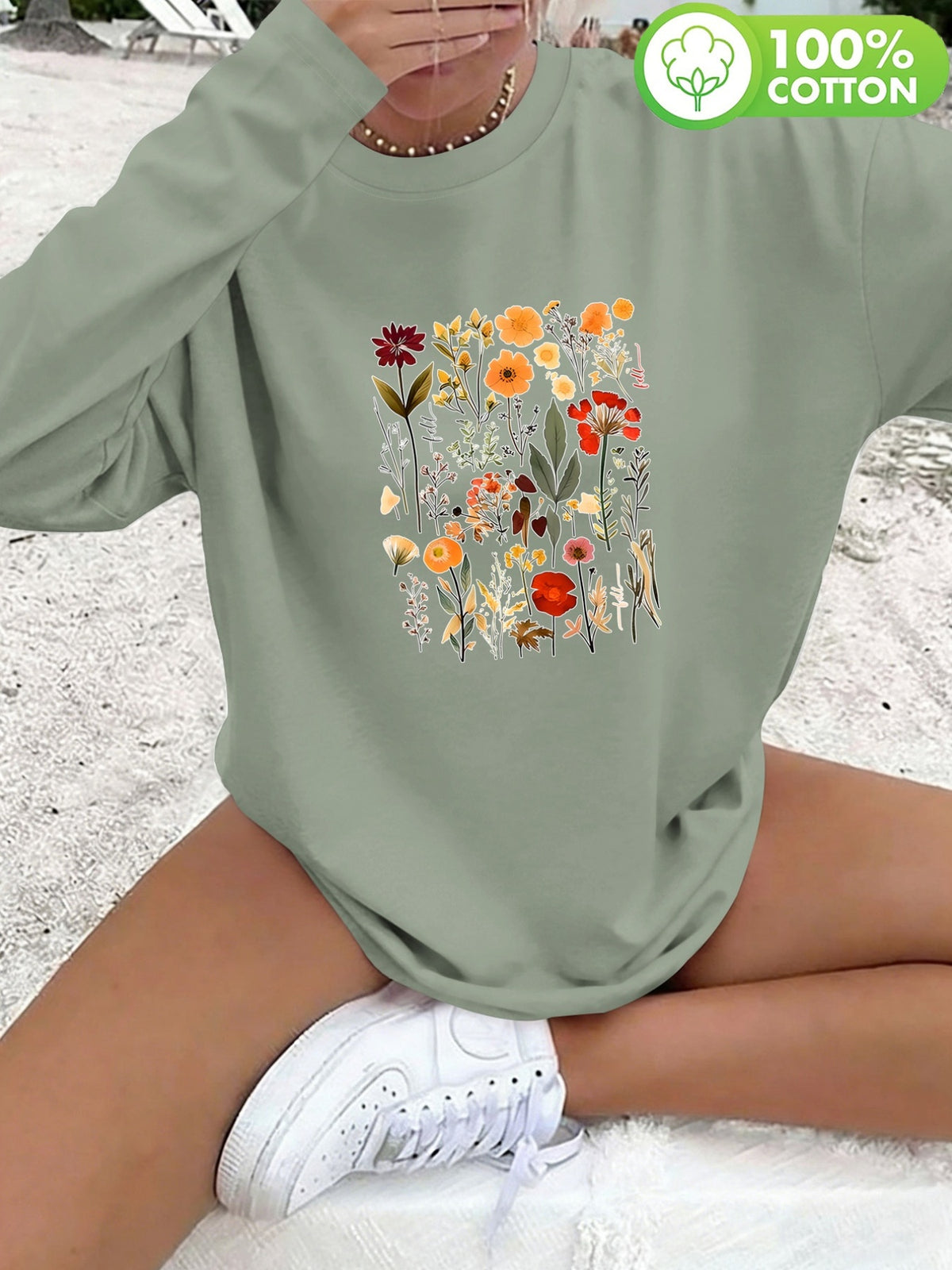 T-shirt grande taille à imprimé fleuri, manches longues, toucher naturel, vue de profil