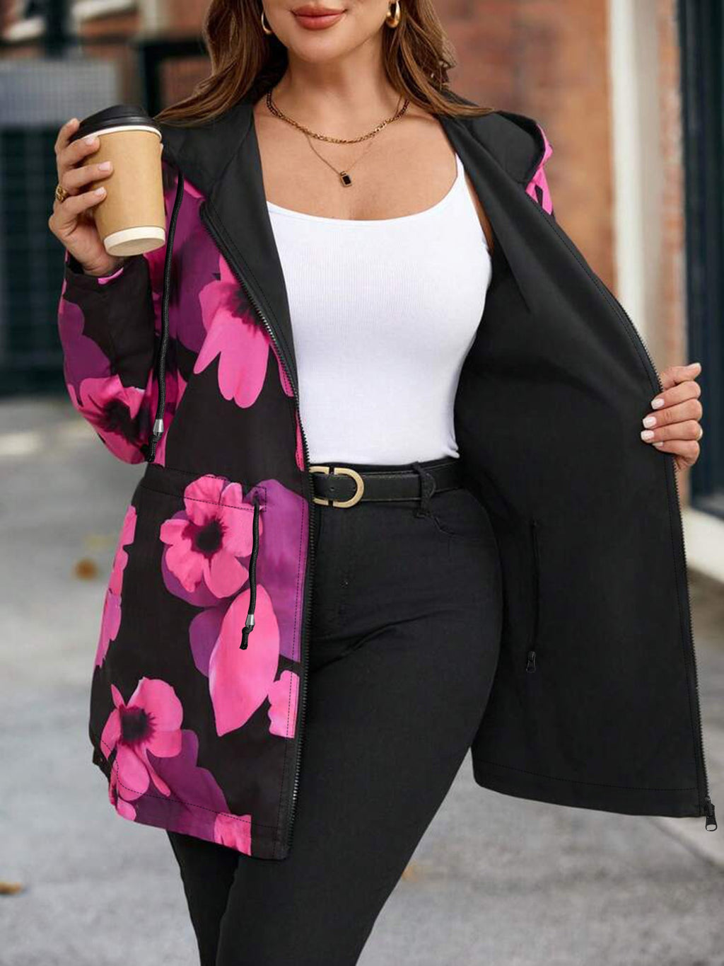 Veste grande taille à imprimé fleuri, fermeture zippée, capuche, porté de face