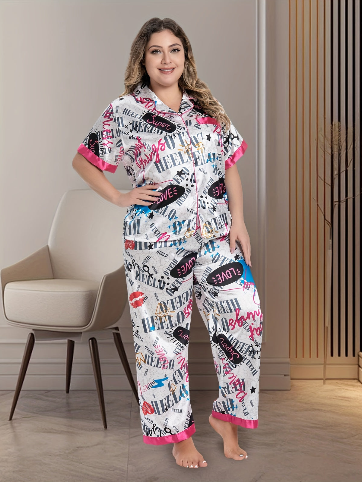 Pyjama grande taille en satin à rayures, manches courtes, tombé fluide, autre coloris