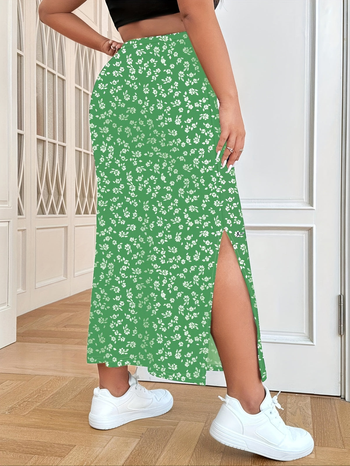 Jupe grande taille à imprimé fleuri, fente, visuel produit