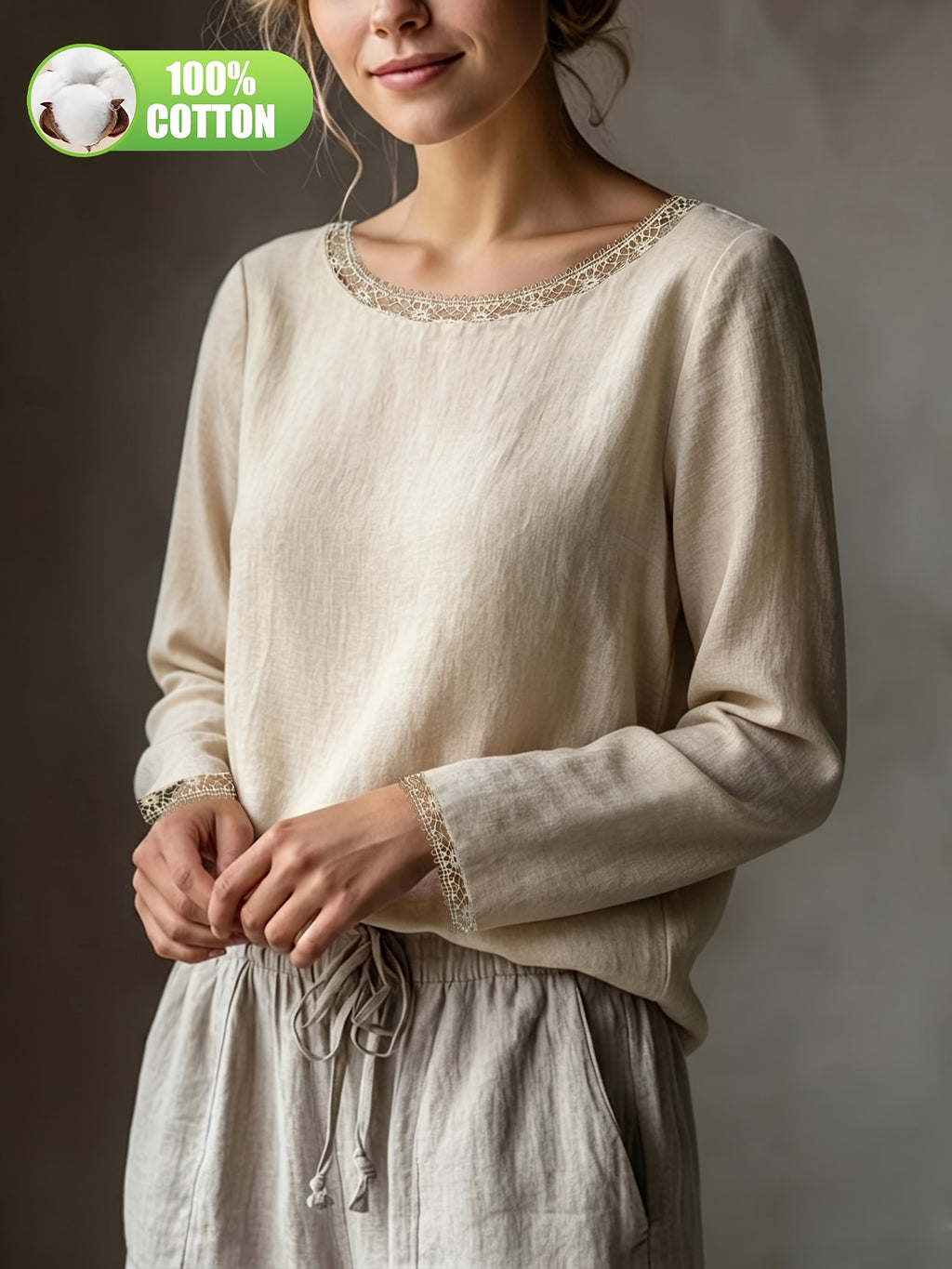 Top grande taille en dentelle, coupe ample, manches longues, toucher naturel, porté de face