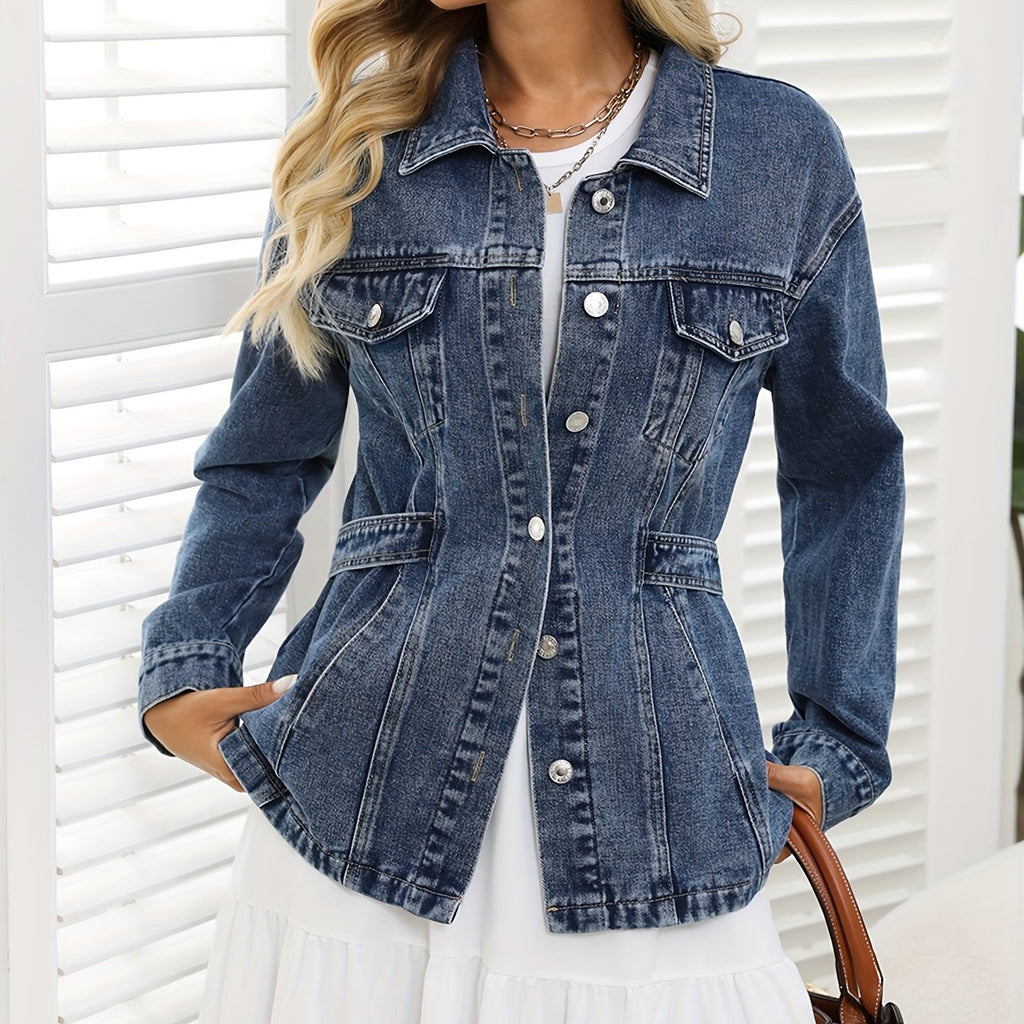 Veste grande taille, col à revers, boutonnage, manches longues — matière : denim