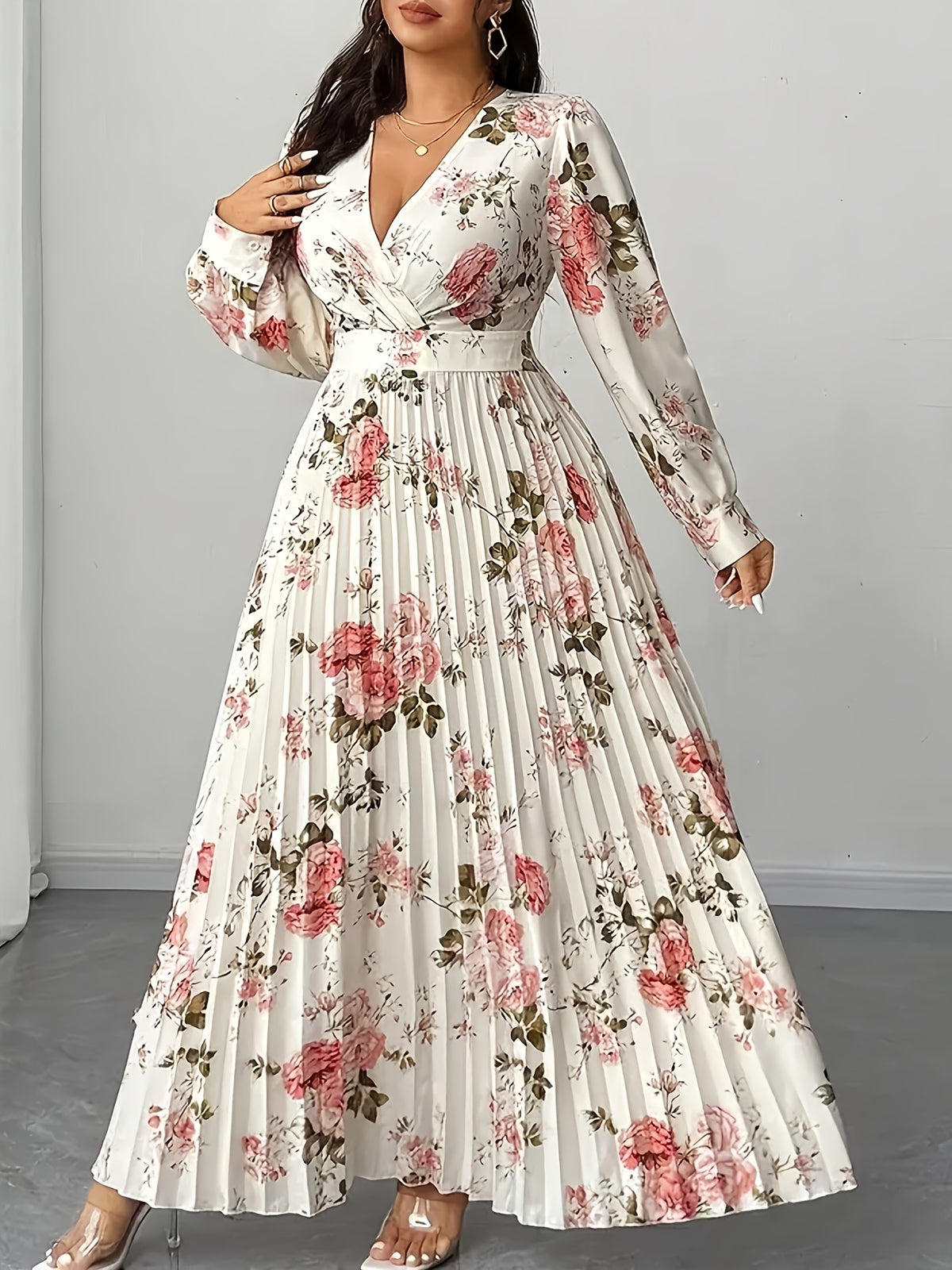 Robe longue grande taille — Roses, cache-cœur plissé soleil