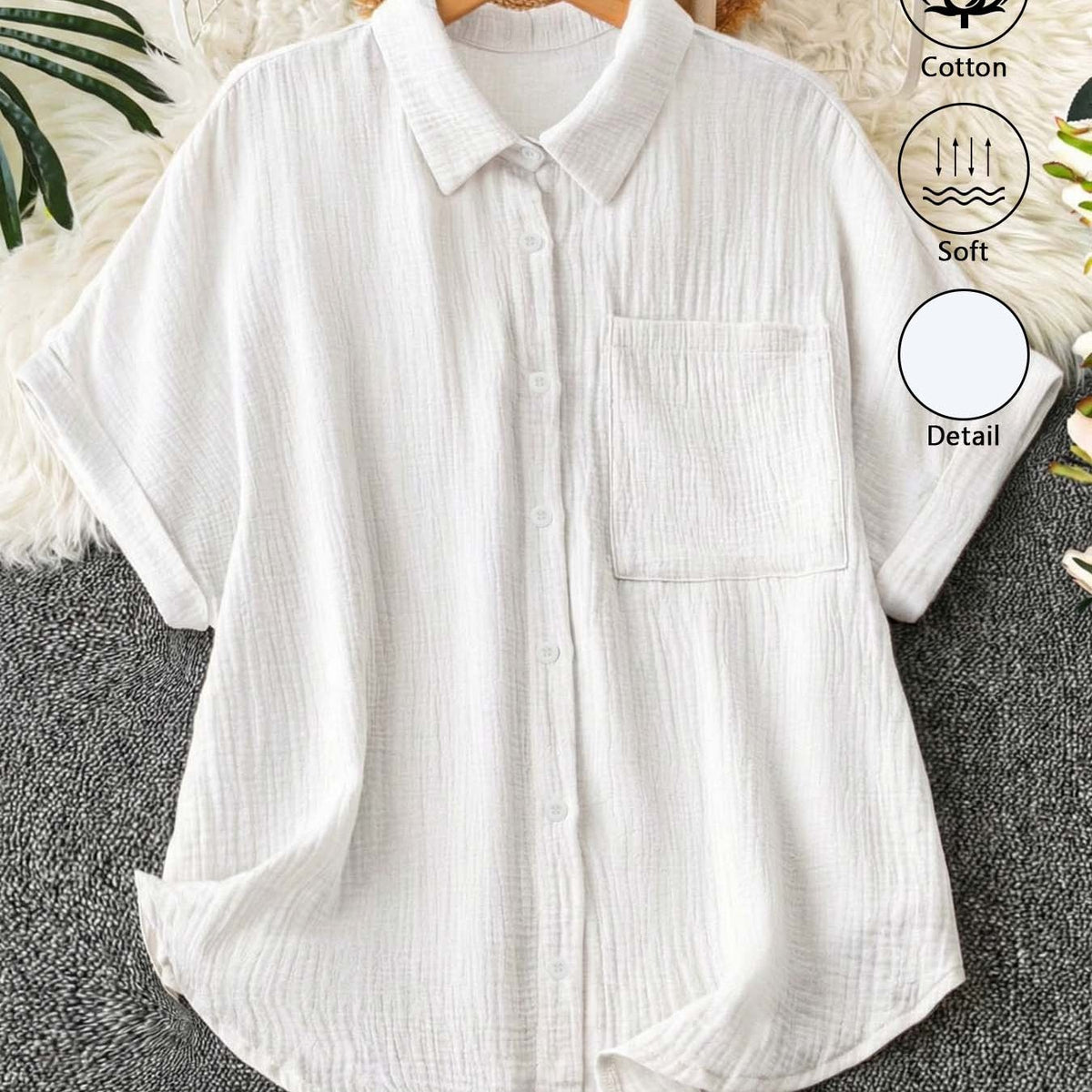 Chemise grande taille, coupe oversize, manches courtes, toucher naturel — matière : coton Image