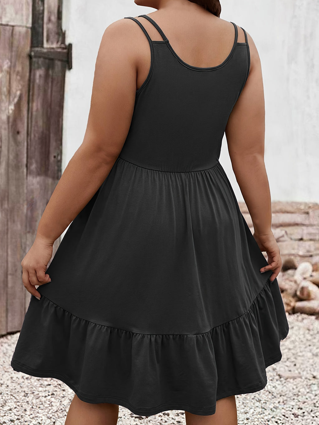 Robe courte grande taille — Double bretelle et jersey froncé