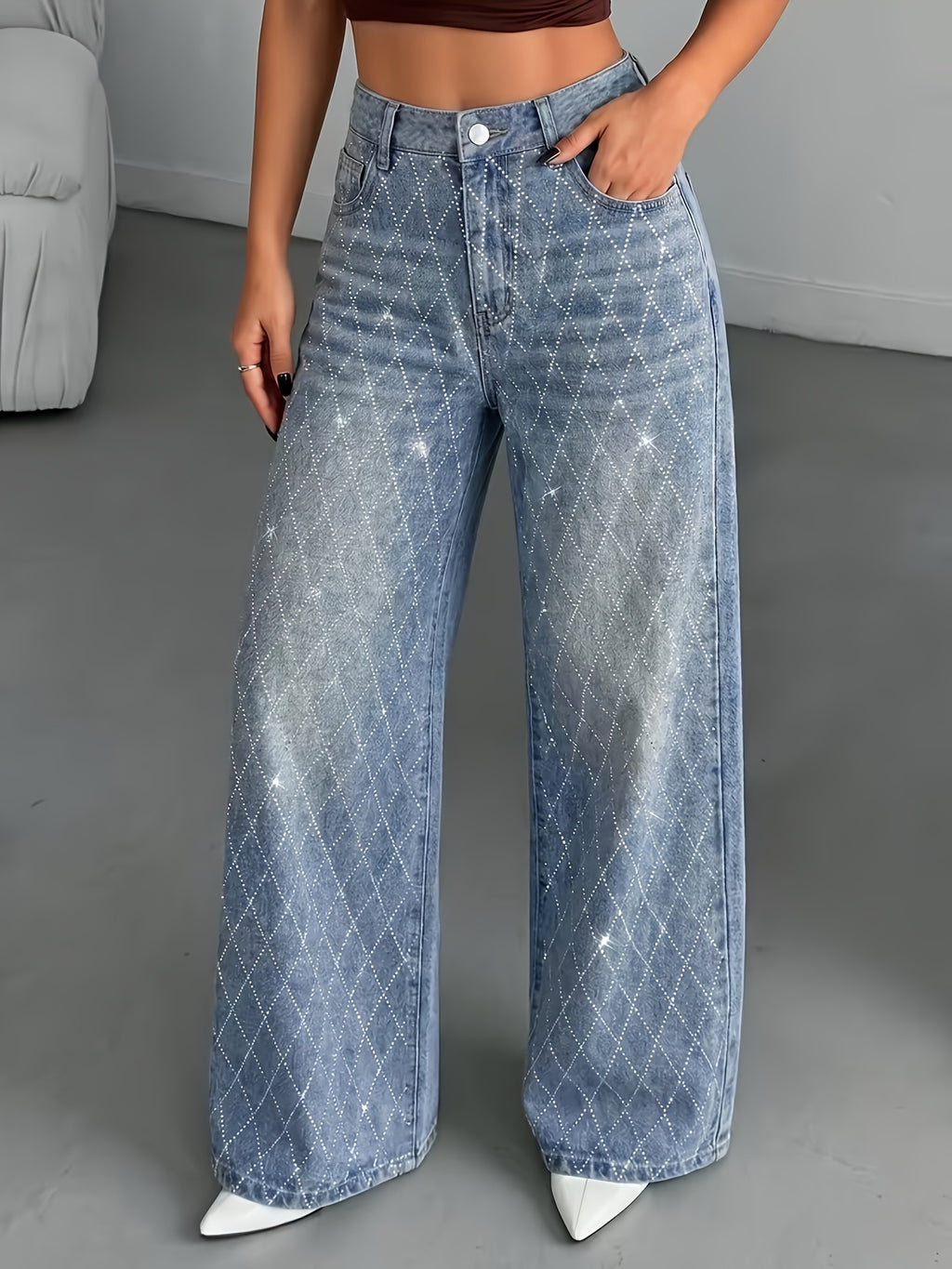 Pantalon grande taille à imprimé géométrique, coupe évasée, tenue franche