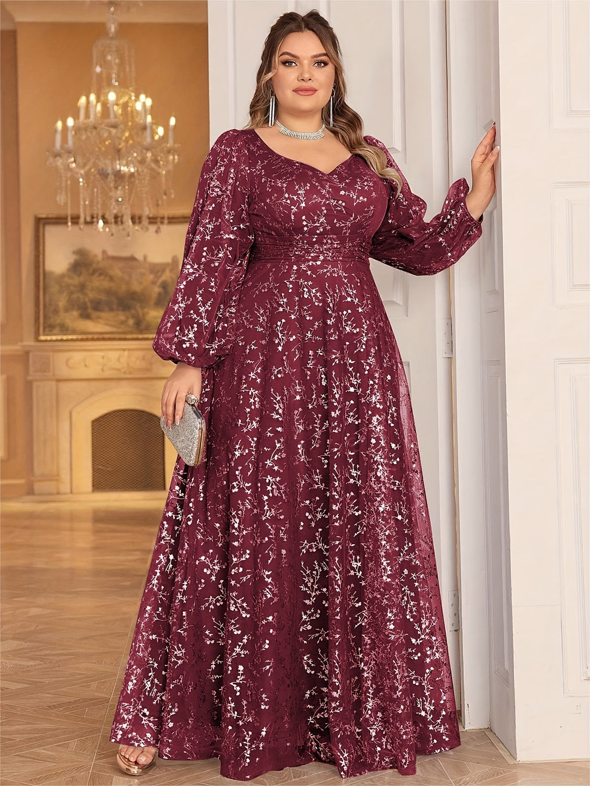 Robe de cérémonie grande taille, tulle à branches de sequins