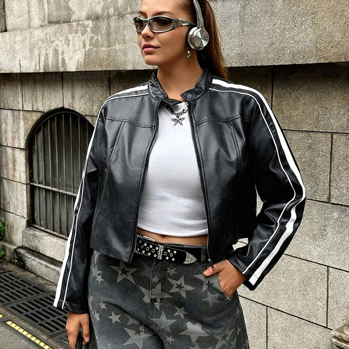 Veste grande taille, coupe évasée, fermeture zippée — matière : polyester