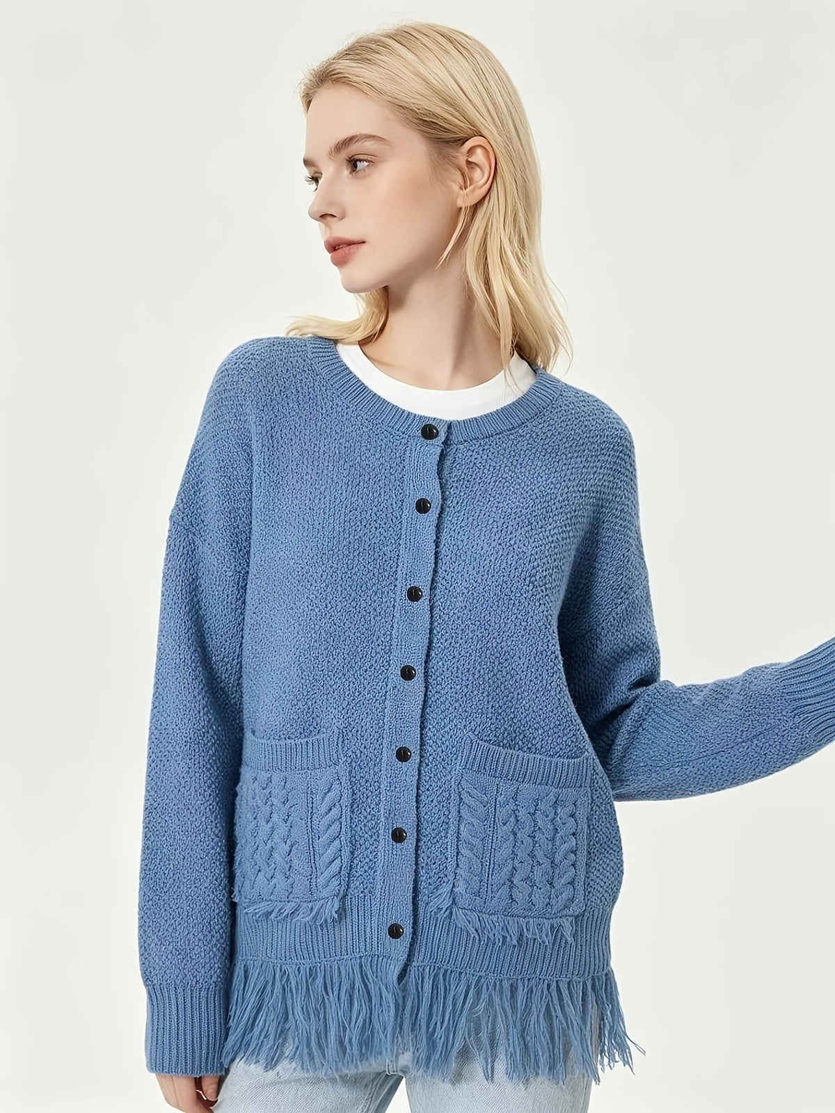 Cardigan grande taille, col rond, chaleur d'hiver — composition : 100% Polyester