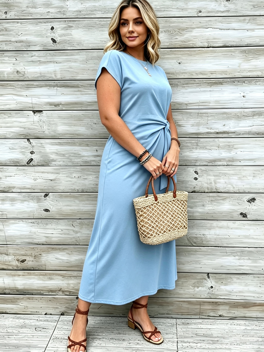 Robe longue grande taille — Jersey uni et nœud à la taille