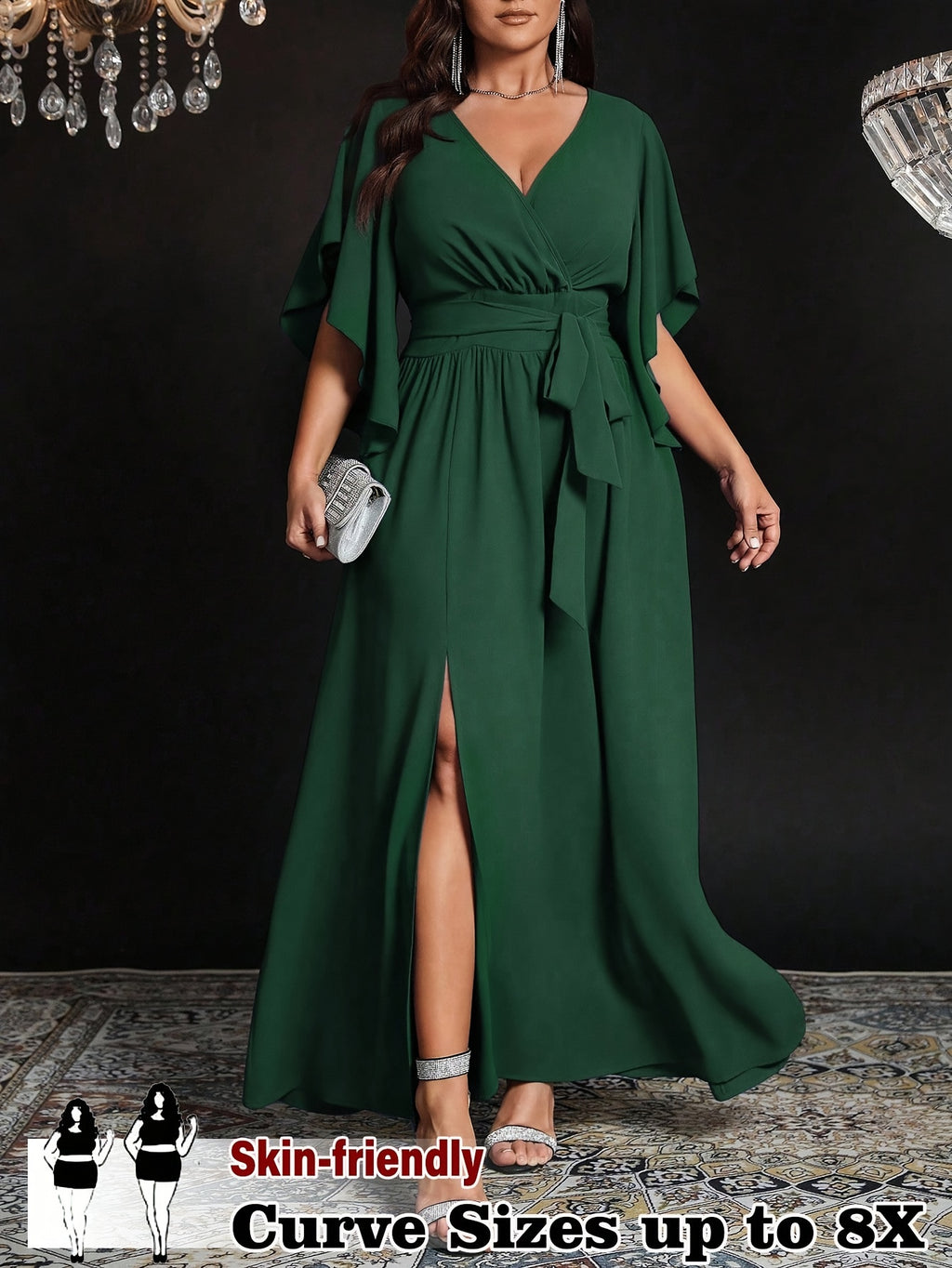 Robe de soirée grande taille — Fente frontale et nœud de taille