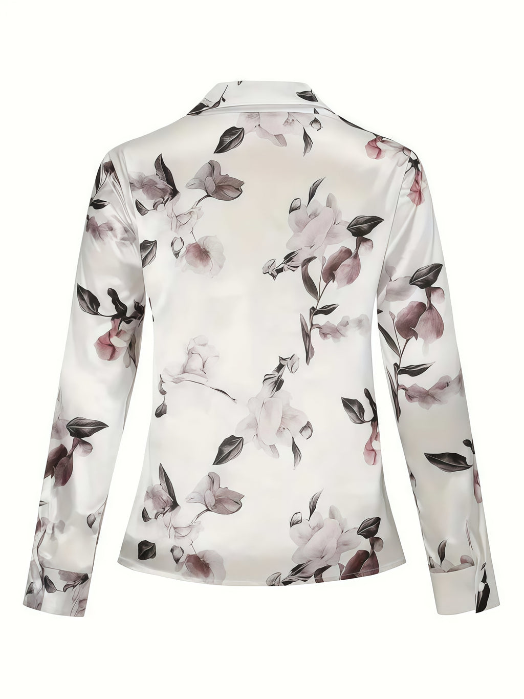 Chemise grande taille en satin à imprimé fleuri, manches longues, tombé fluide, porté de face