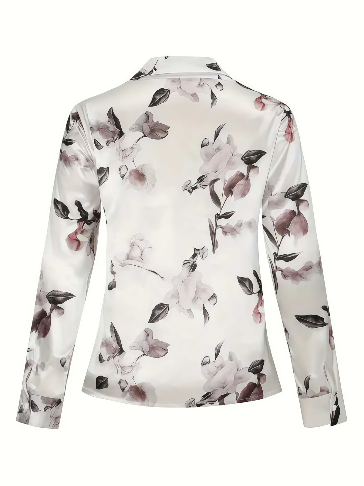 Chemise grande taille en satin à imprimé fleuri, manches longues, tombé fluide, porté de face