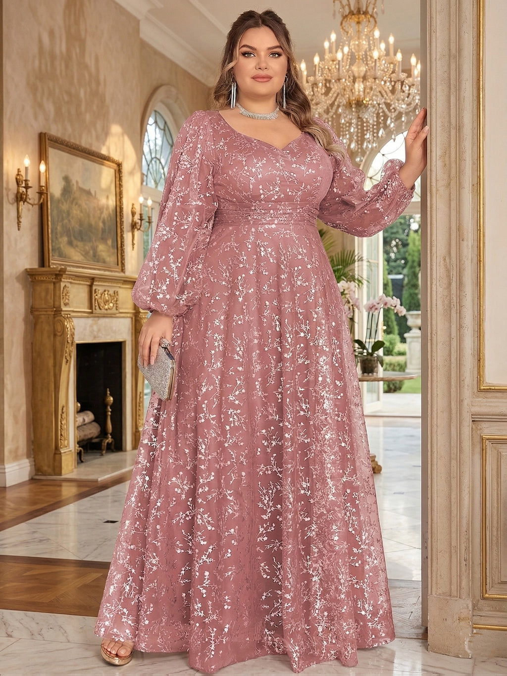 Robe de cérémonie grande taille, tulle à branches de sequins