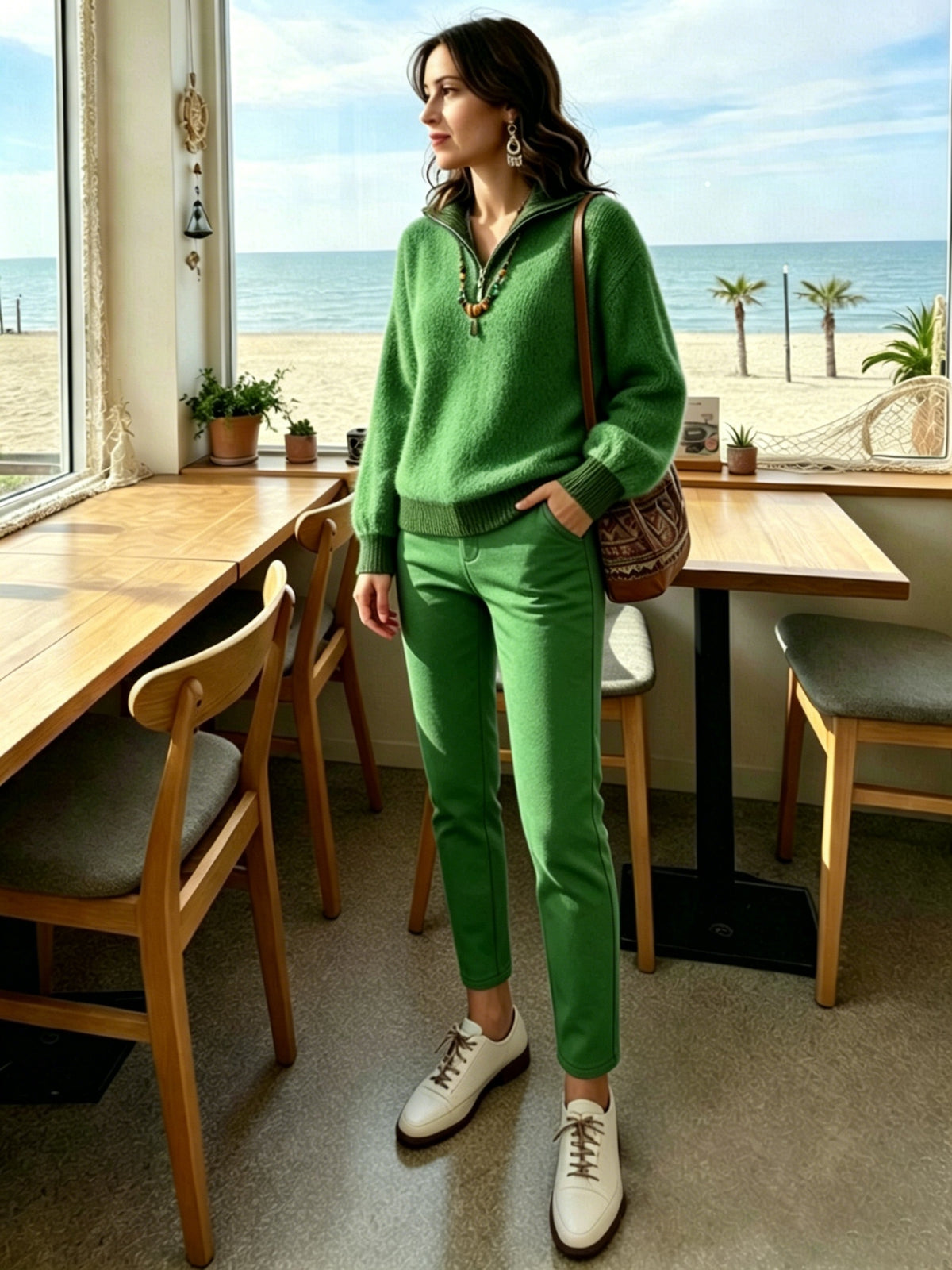 Pull grande taille en laine, coupe ample, fermeture zippée, tenue chaude, vue de profil
