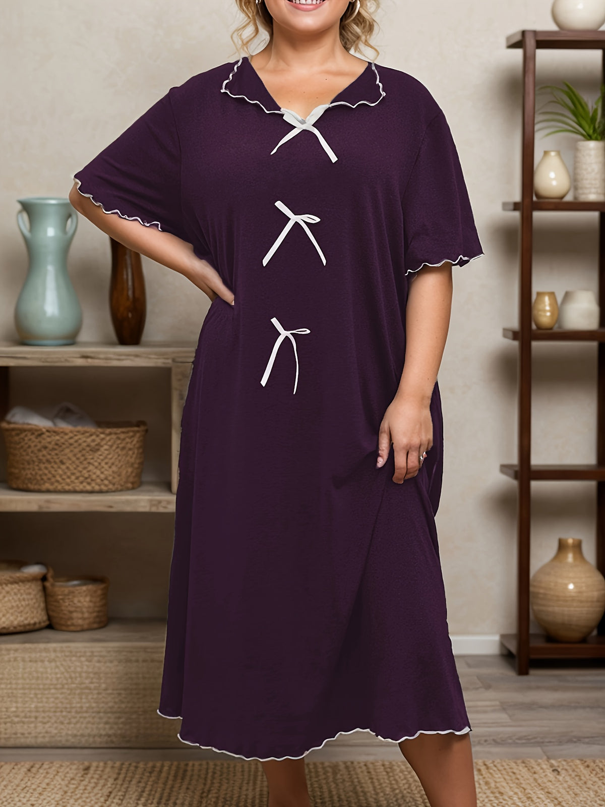 Chemise de nuit grande taille — Liseré ivoire et trois nœuds