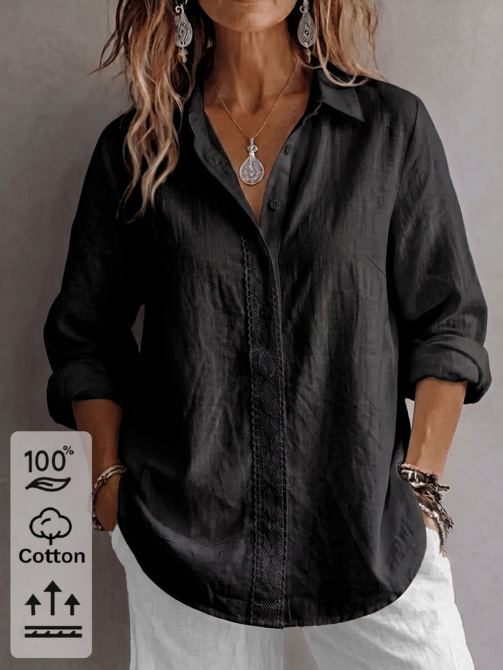 Chemise grande taille en dentelle, coupe oversize, col