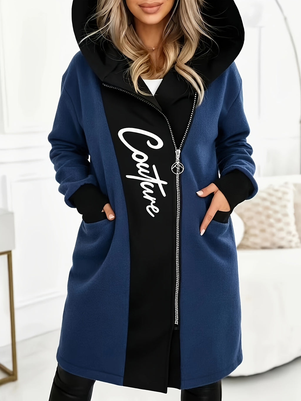 Manteau grande taille, capuche, color block — composition : 100% Polyester
