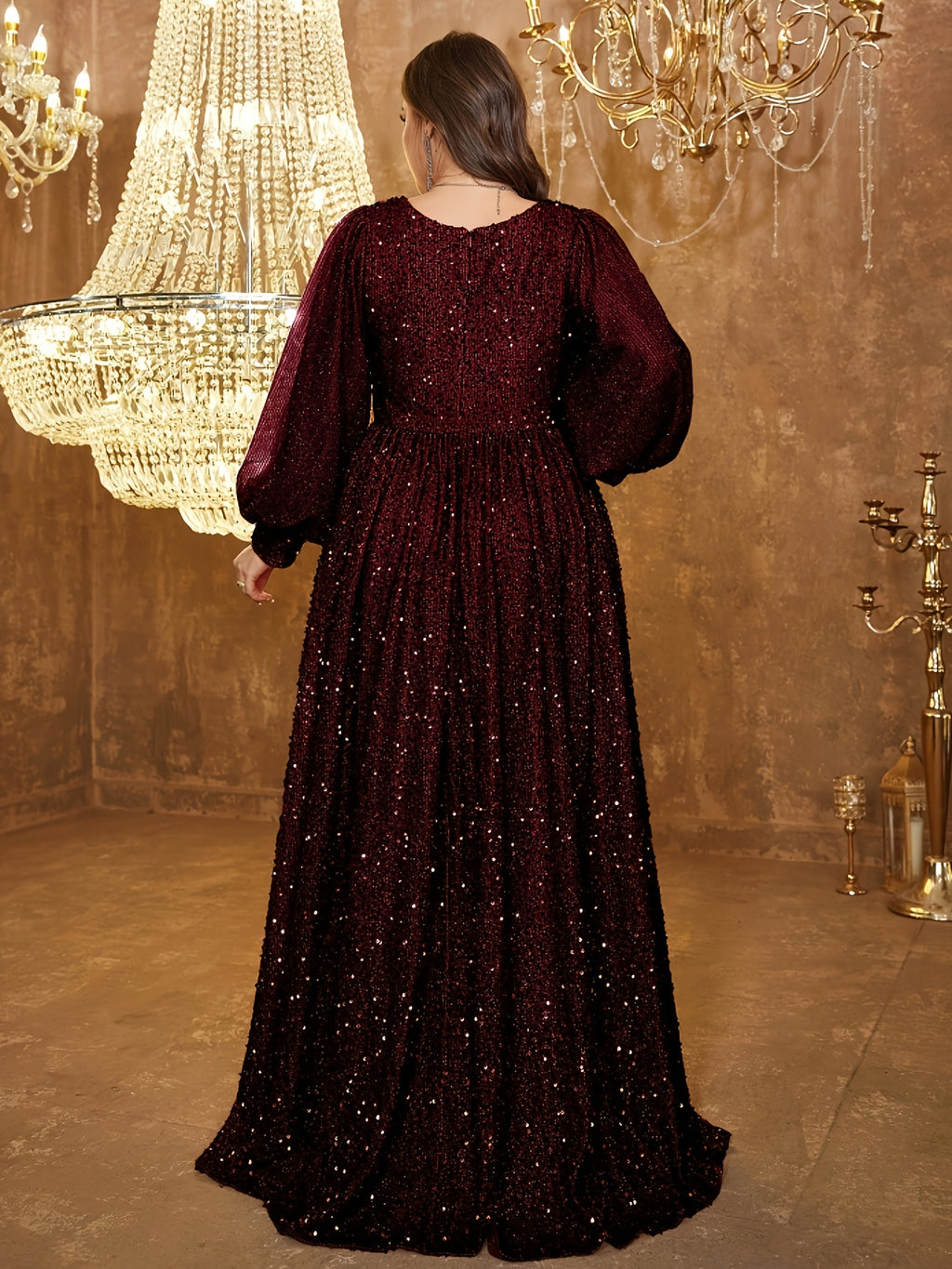 Robe de cérémonie grande taille, manches lanternes pailletées