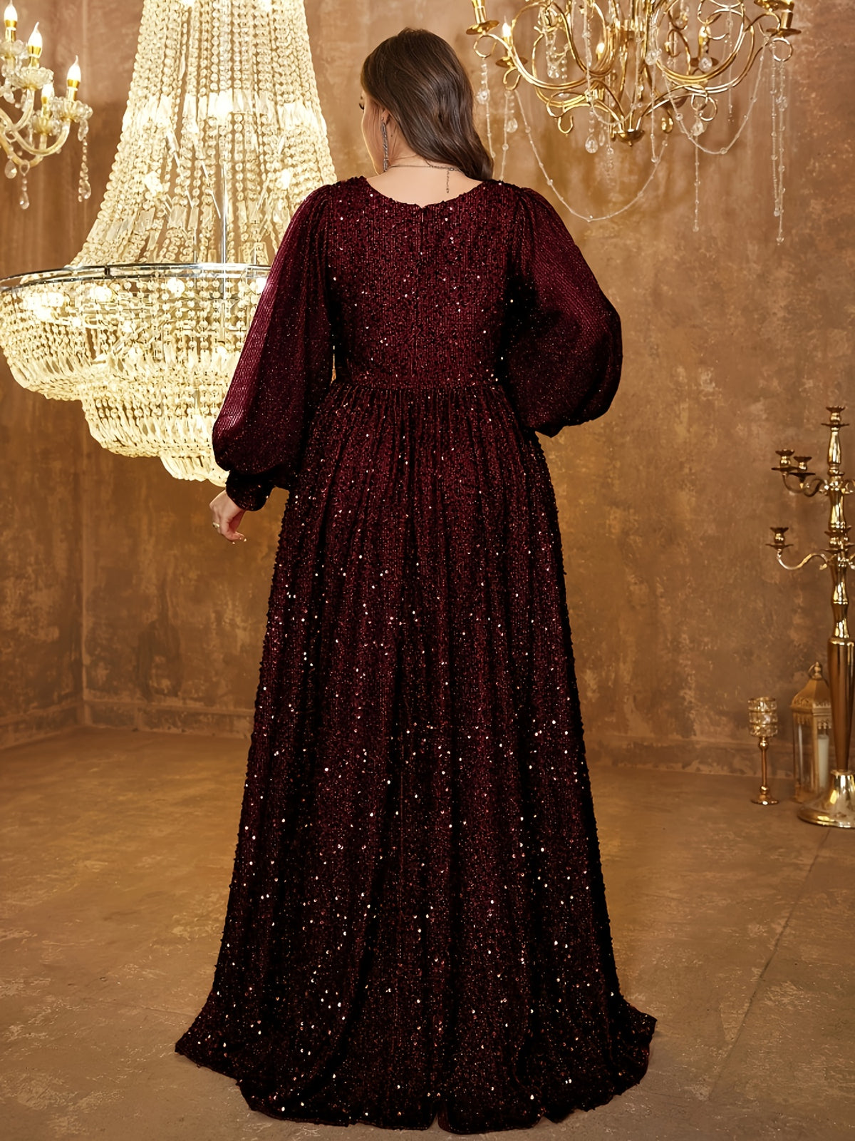 Robe de cérémonie grande taille, manches lanternes pailletées