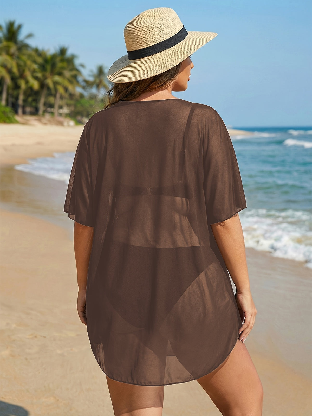 Robe de plage grande taille — Voile mesh à anneau au décolleté