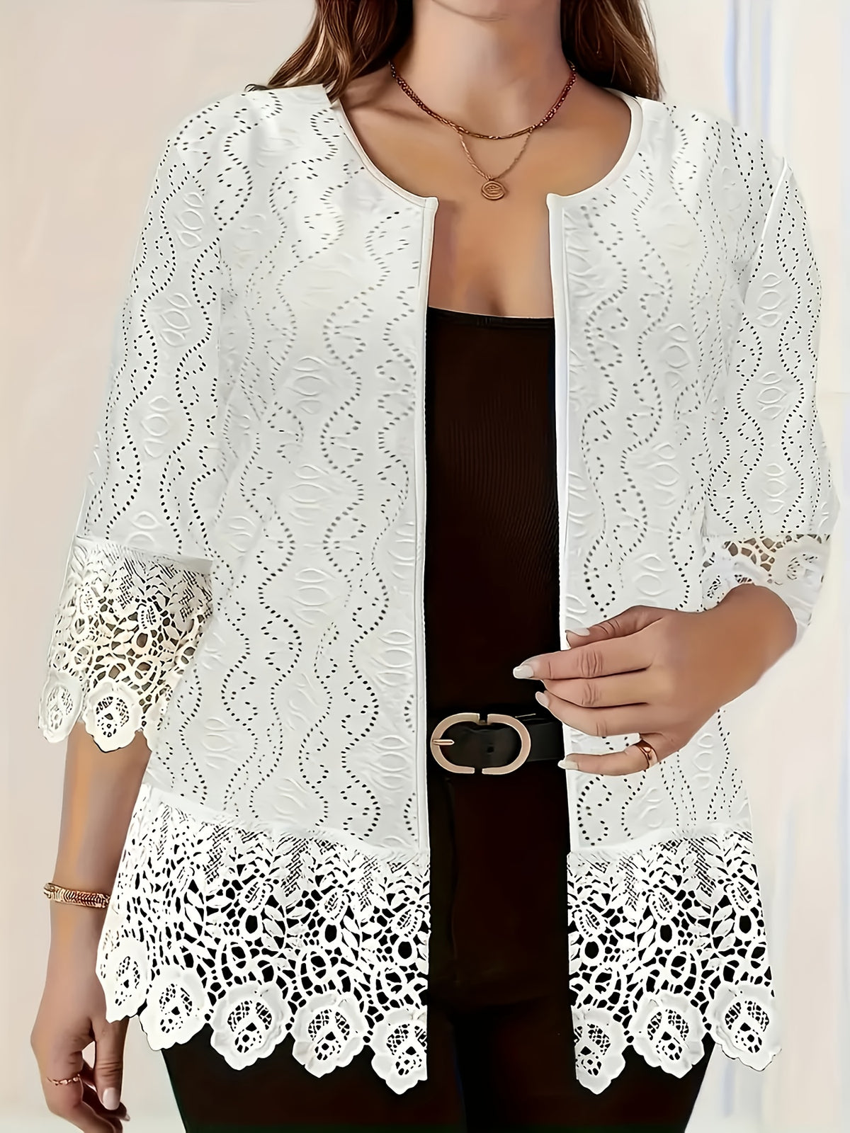 Cardigan grande taille en dentelle, dentelle contrastée, effet ajouré Image