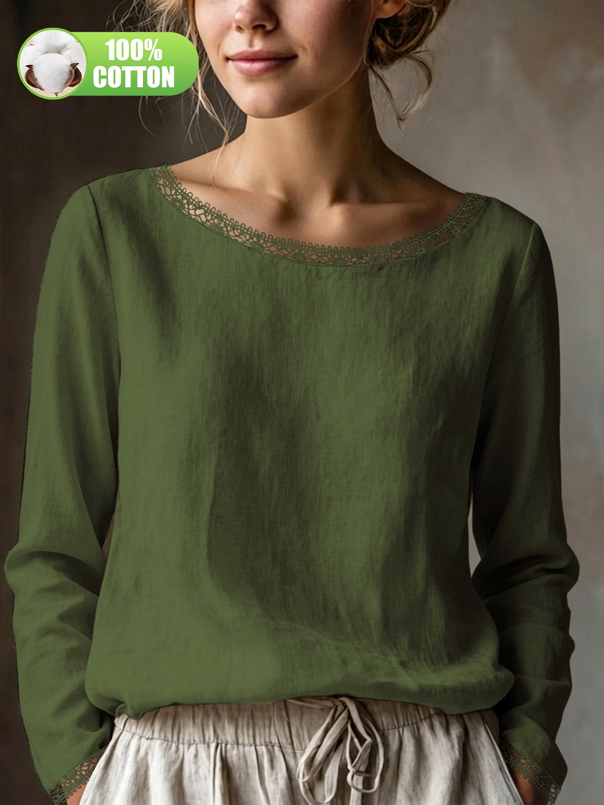 Top grande taille en dentelle, coupe ample, manches longues, toucher naturel, détail du col