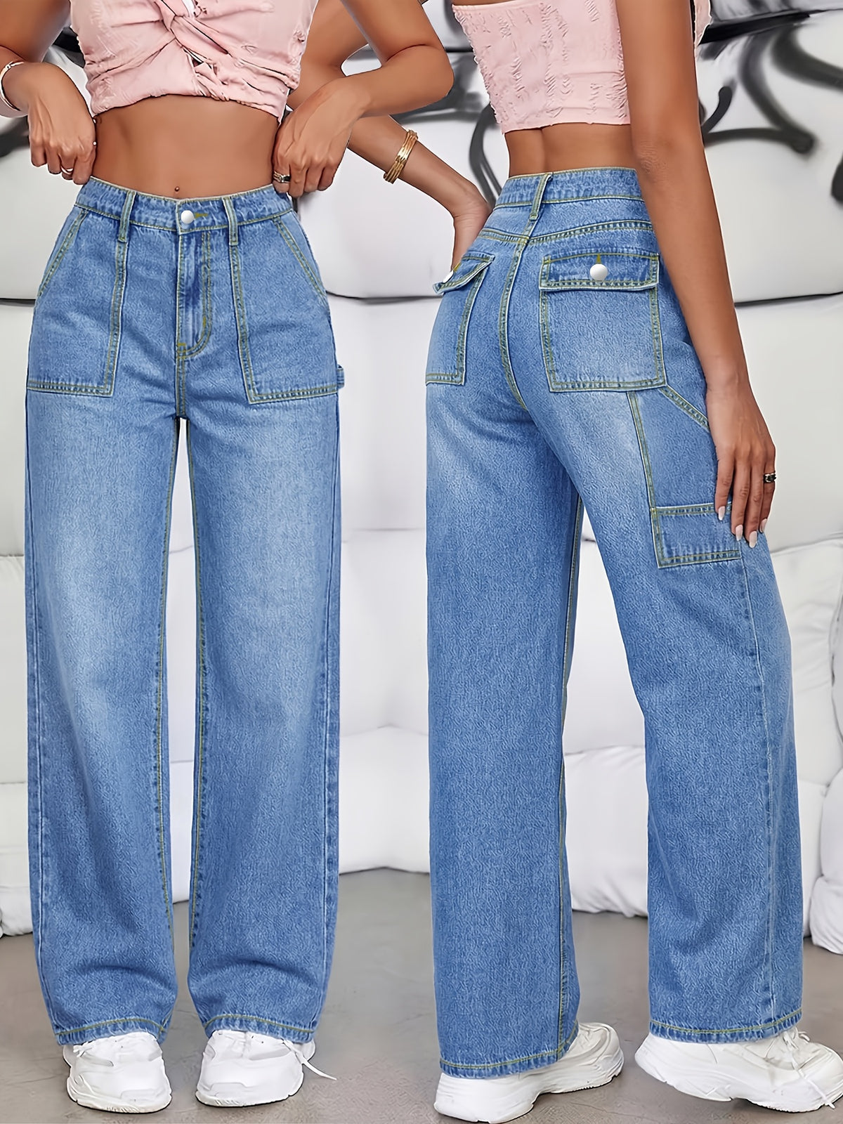 Jean grande taille, coupe oversize, poches pratiques, tombé fluide — composition : 59.8% Viscose, 38.4% Polyester, 1.8% Élasthanne Image