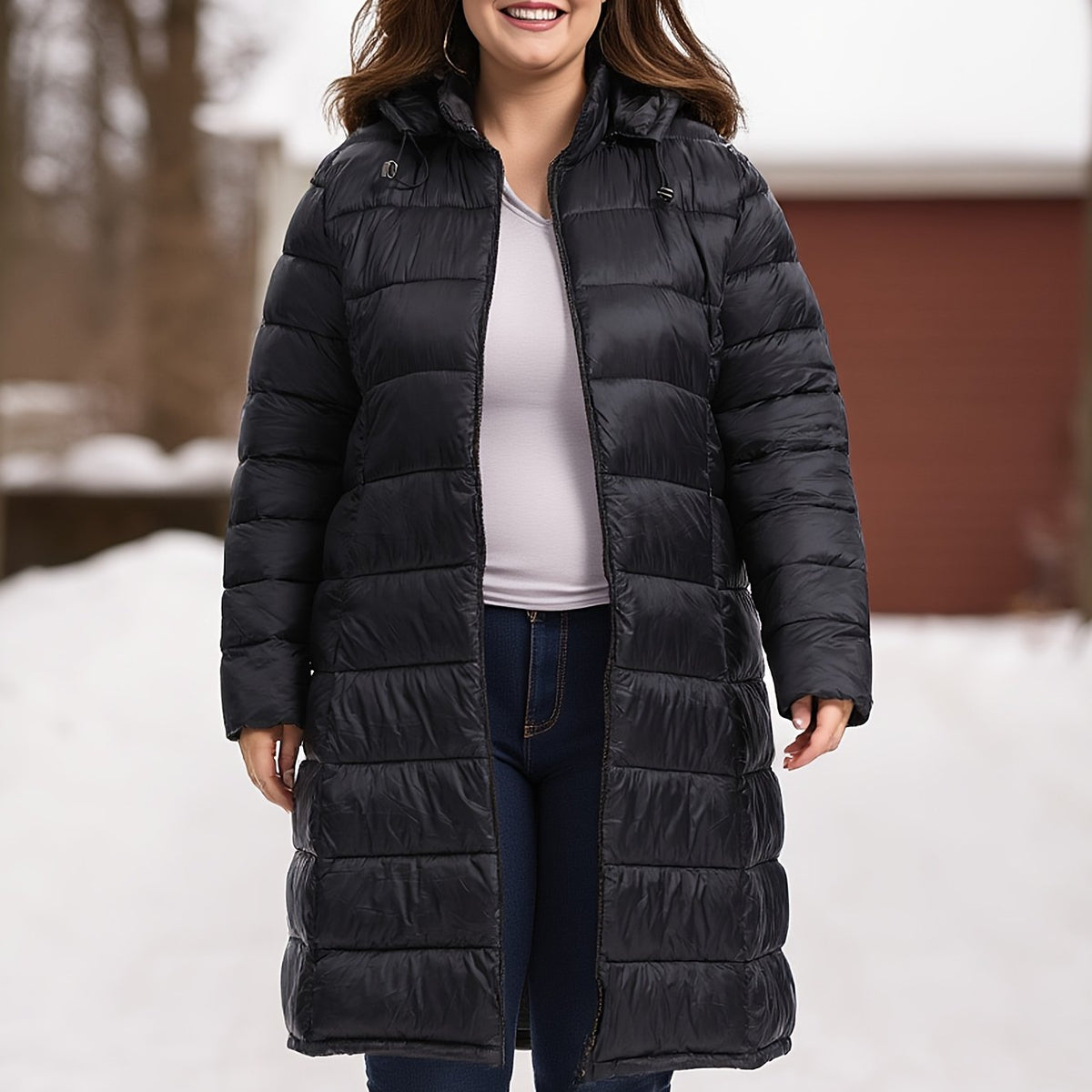 Manteau grande taille, col mao, capuche, chaleur d'hiver — matière : polyester