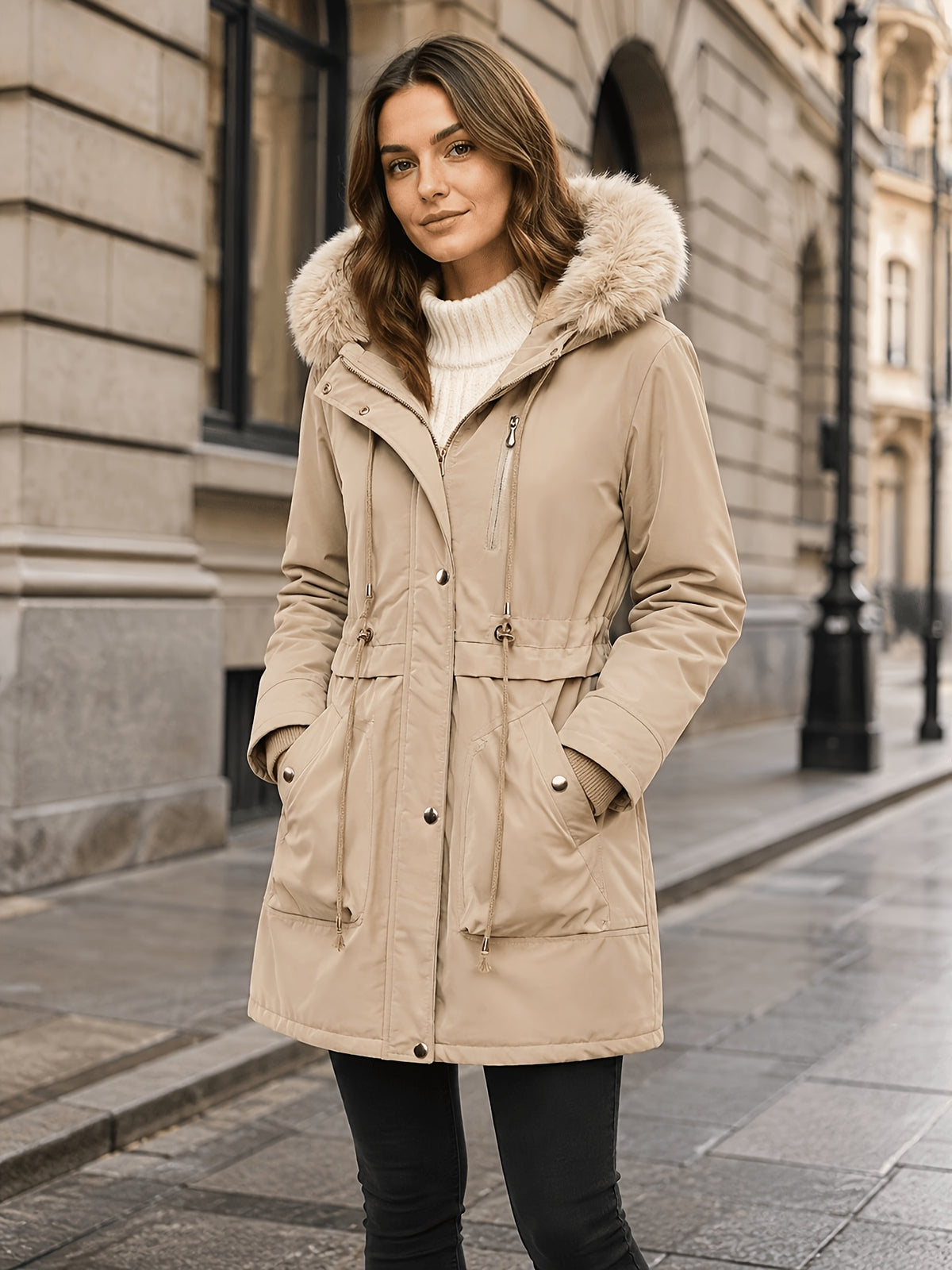 Manteau grande taille, chaleur d'hiver, tissu épais, mise en situation