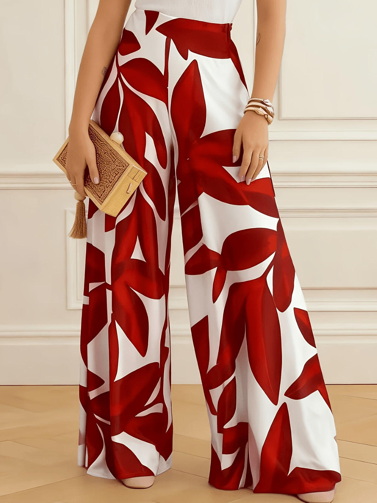Pantalon grande taille à imprimé tropical, coupe évasée, tissu opaque