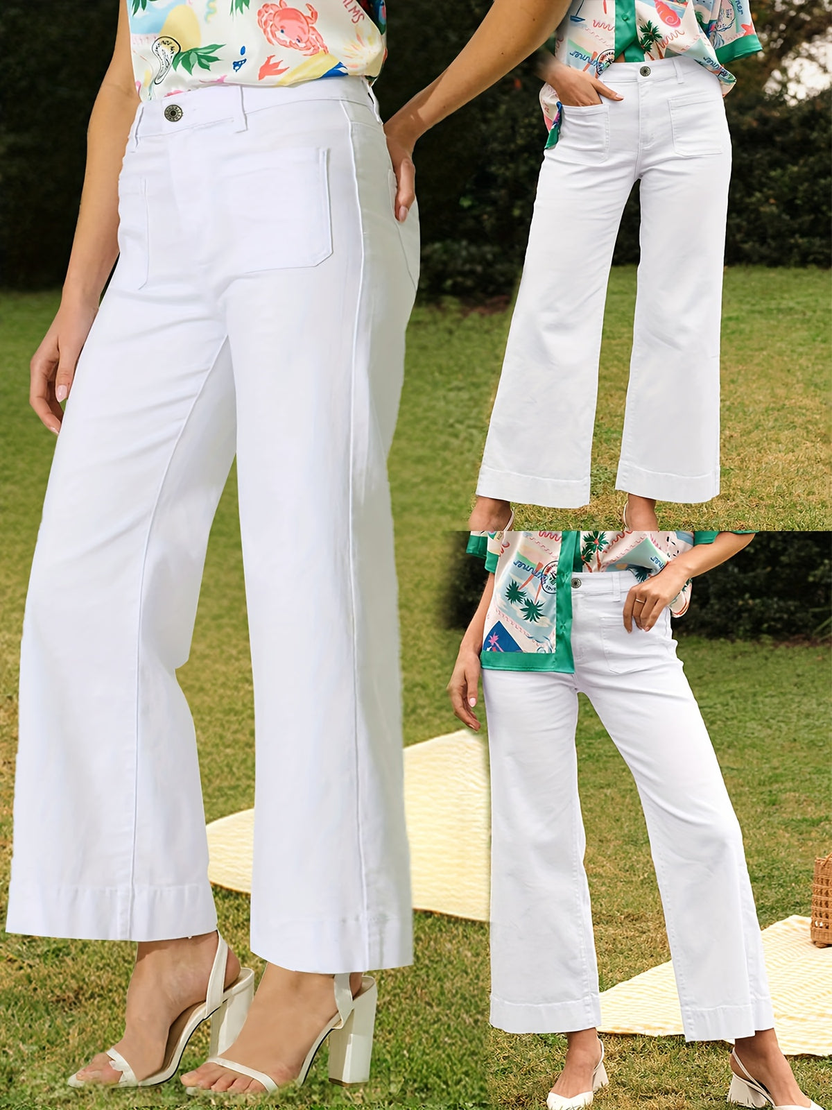 Jean grande taille, coupe droite, poches plaquées, tenue franche, gros plan