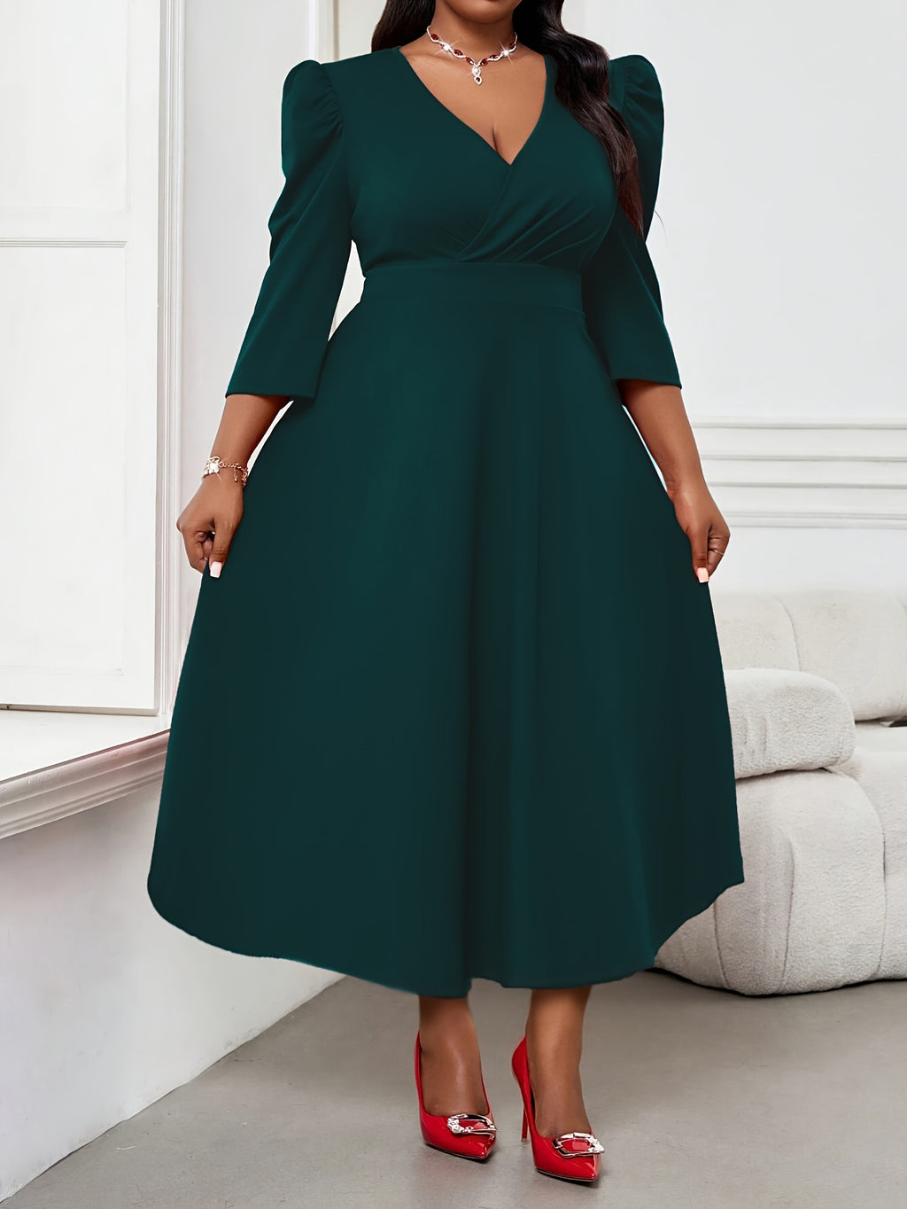 Robe patineuse grande taille — Crêpe extensible manches 3/4