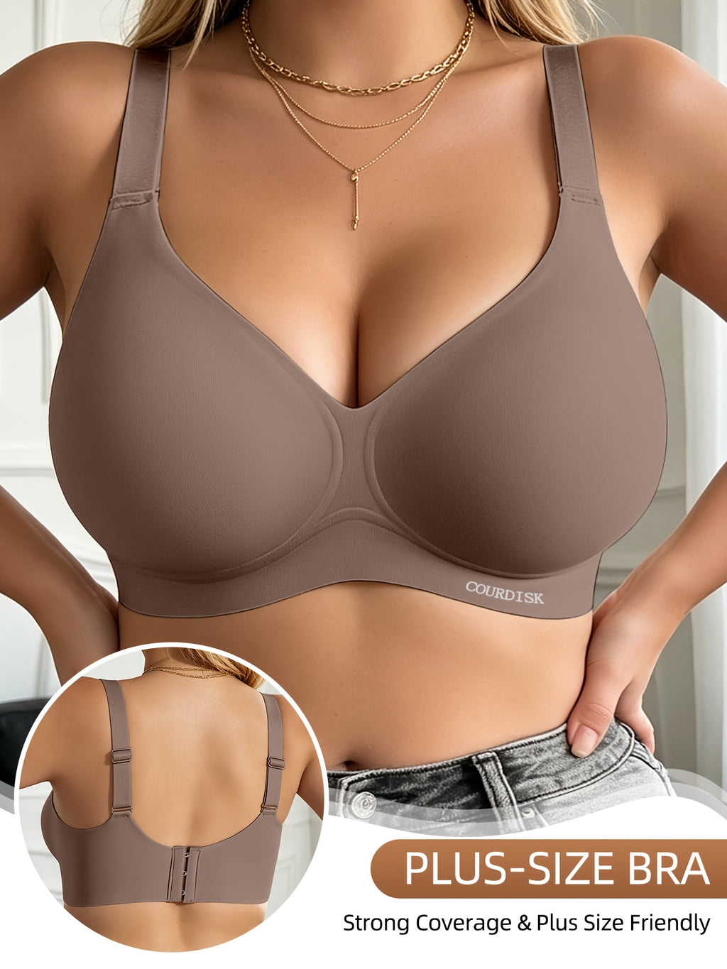 Soutien-gorge grande taille, coupe ample, ligne affirmée, détail du tissu