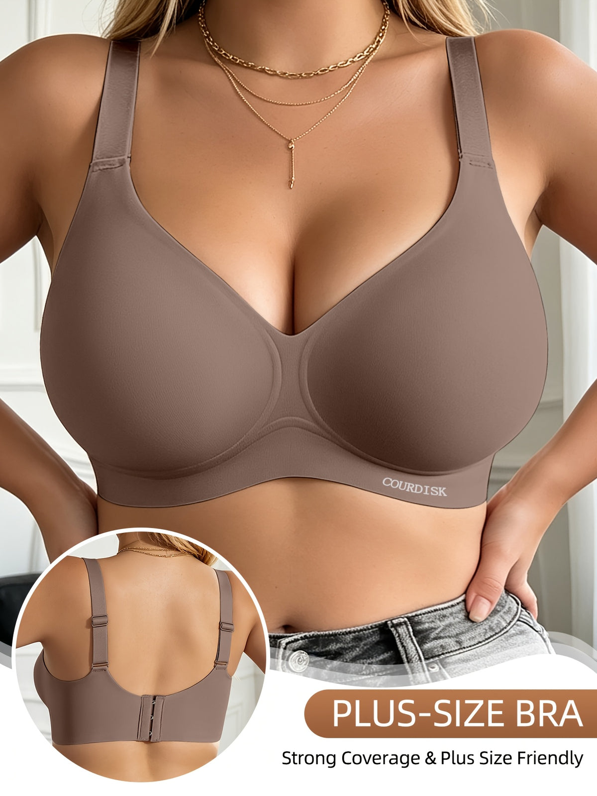 Soutien-gorge grande taille, coupe ample, ligne affirmée, détail du tissu