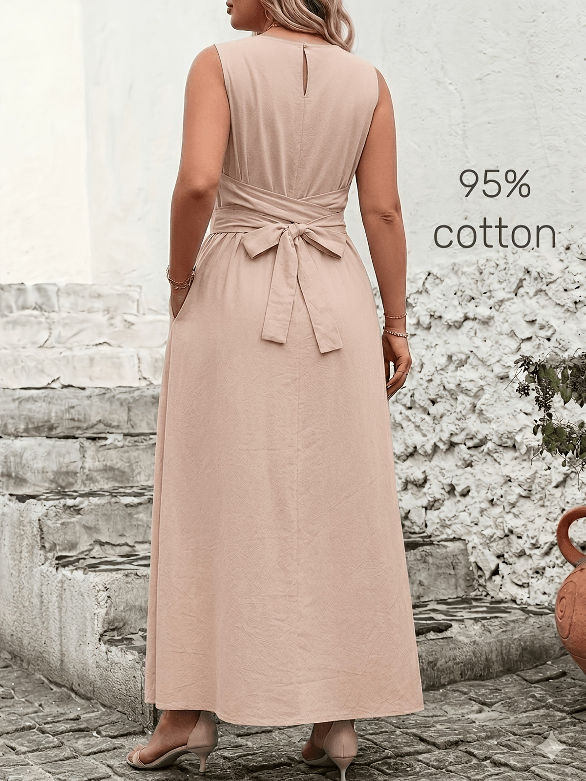 Robe longue grande taille — Coton, ceinture nouée au dos