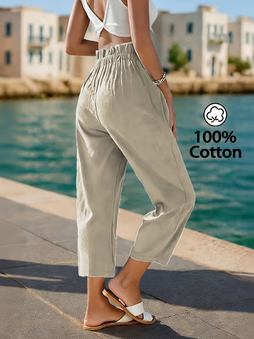 Pantalon grande taille, coupe droite, toucher naturel, mise en situation