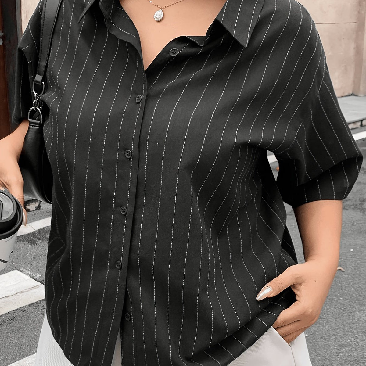Veste grande taille à rayures, coupe oversize, manches courtes — matière : polyester