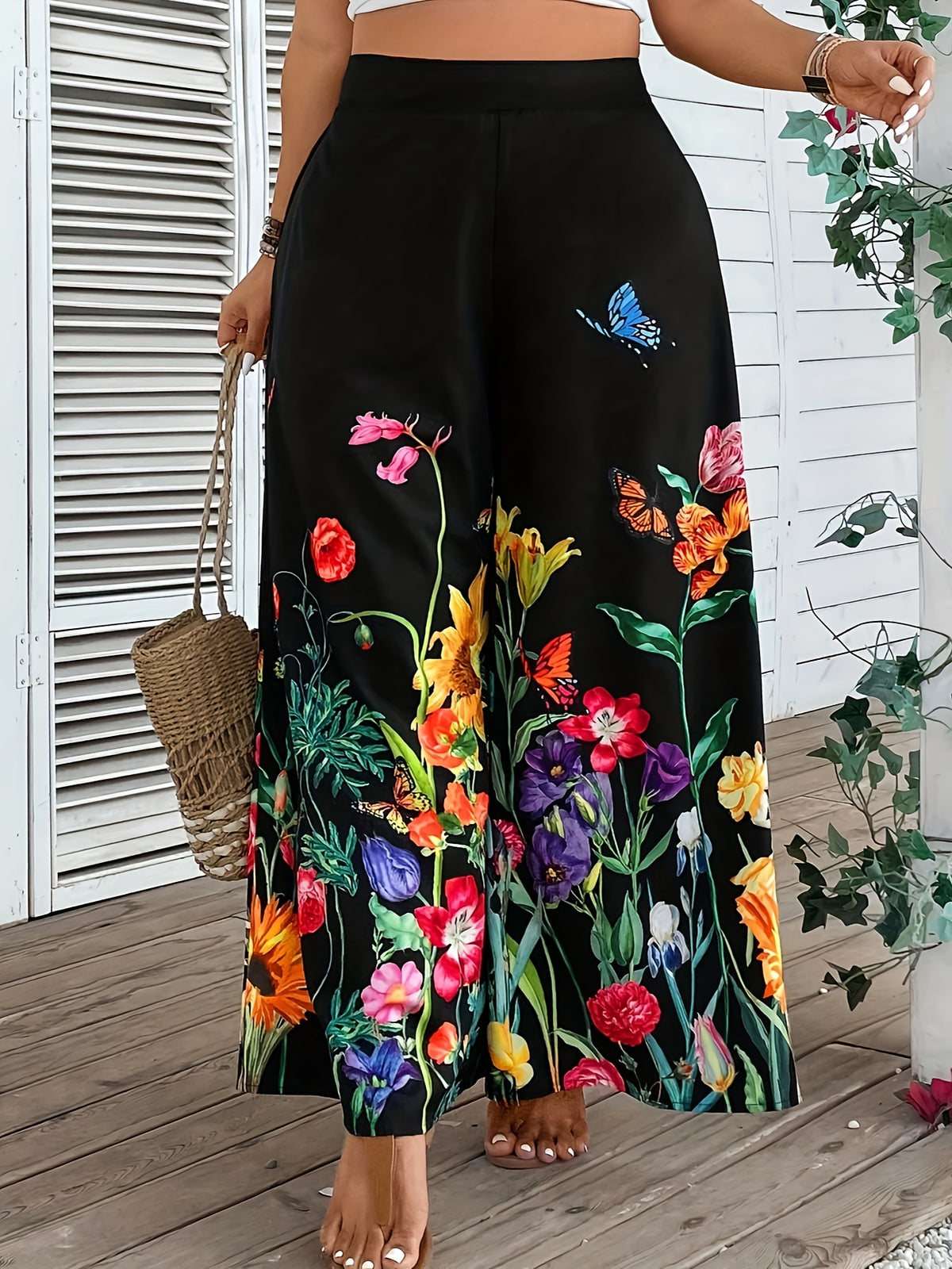 Pantalon grande taille à imprimé fleuri, coupe évasée Image