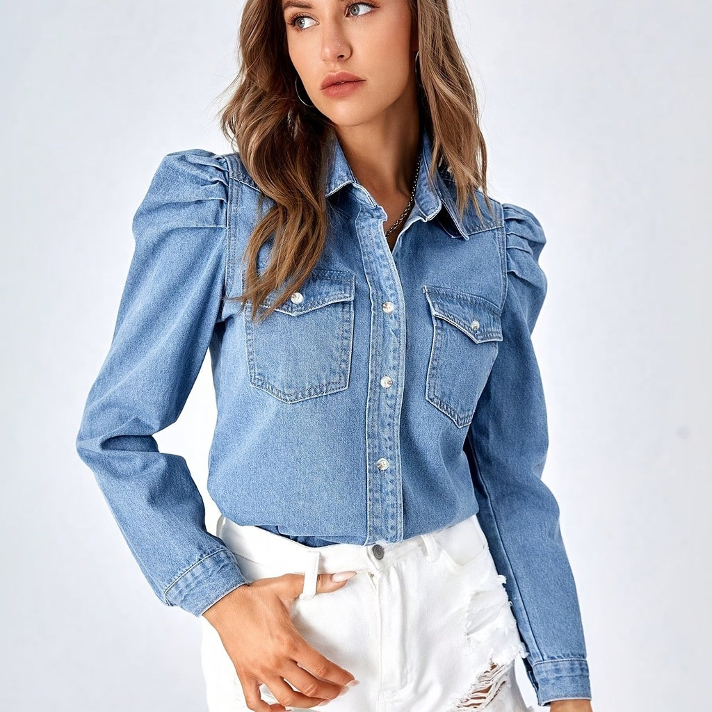 Chemise grande taille, col à revers, tenue franche, allure élégante — matière : denim