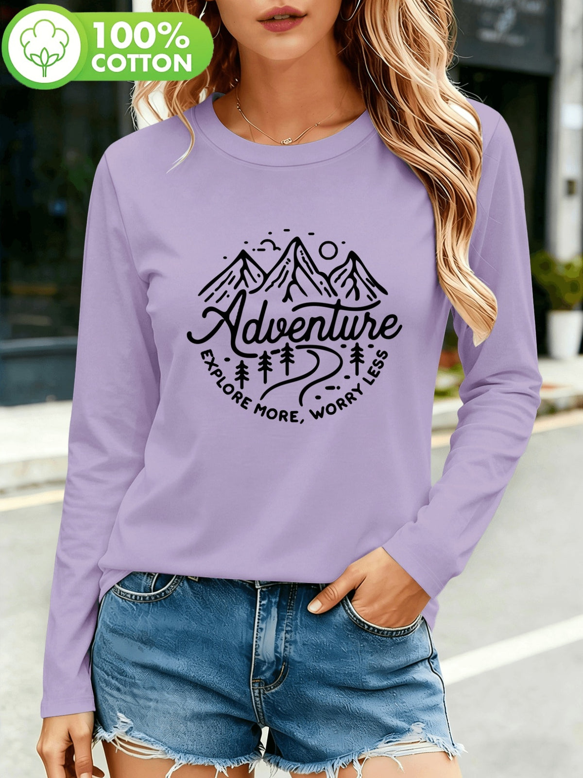 T-shirt grande taille, col rond, manches longues, toucher naturel, mise en situation