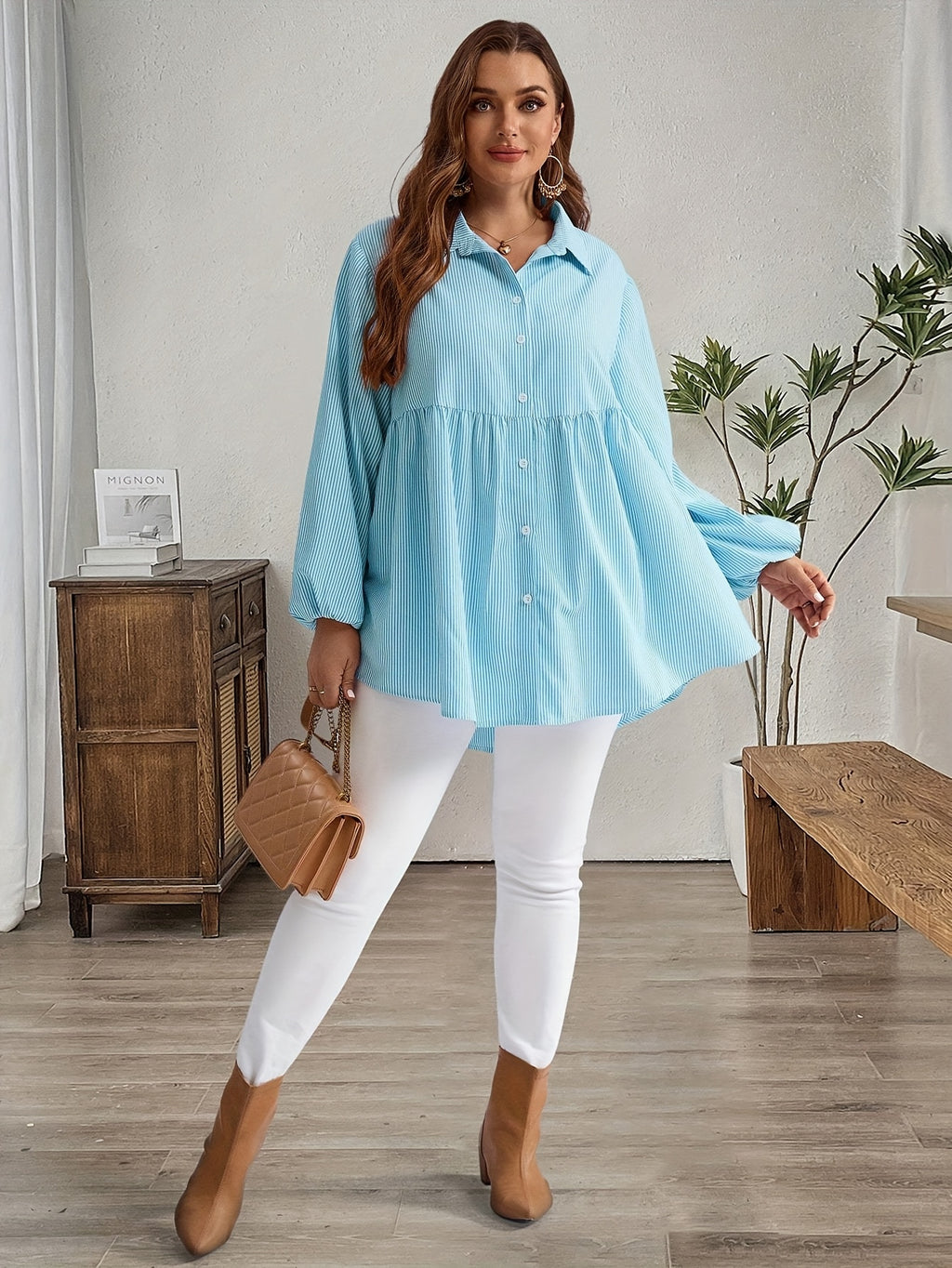 Chemise grande taille à rayures, col polo, vu de dos