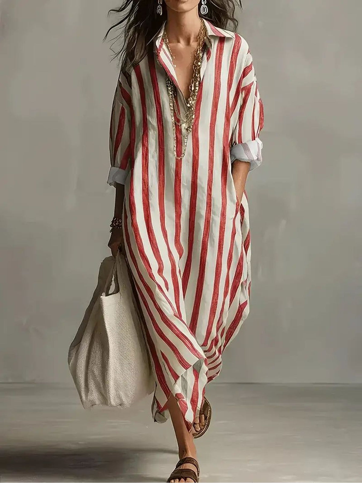 Robe grande taille à rayures, coupe oversize, manches longues, visuel produit